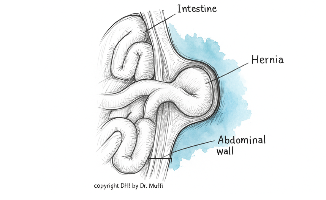 Medical illustration of a hernia showing intestine bulging through the abdominal wall.