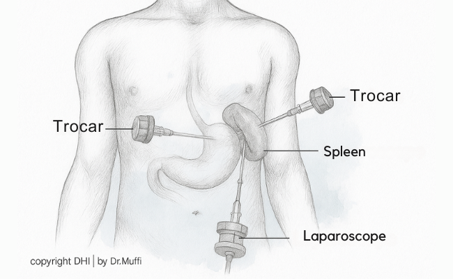 Illustration showing laparoscopic surgery with trocars and laparoscope near the spleen