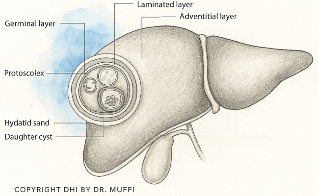 Diagram showing hydatid cyst structure in the liver