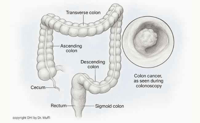 Diagram of human colon showing sections and colon cancer during colonoscopy