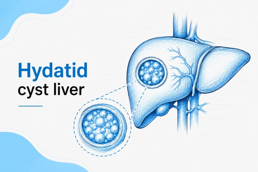 Sketch illustration of a liver with a hydatid cyst highlighted inside the liver