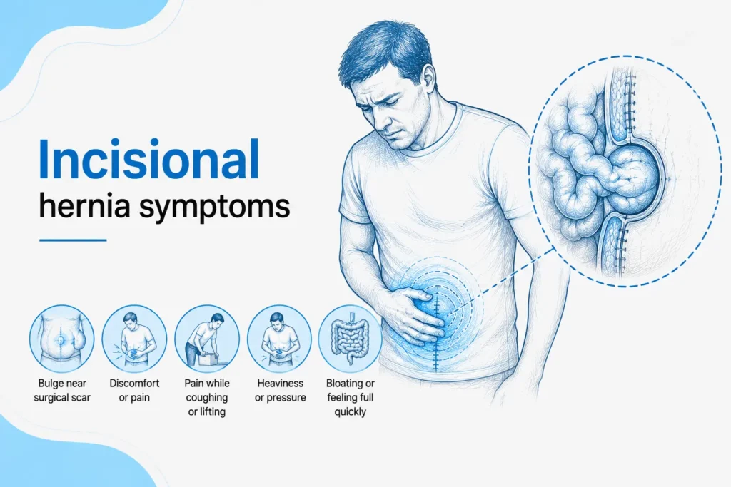 Sketch illustration showing common incisional hernia symptoms including an abdominal bulge near a surgical scar, pain, and discomfort.