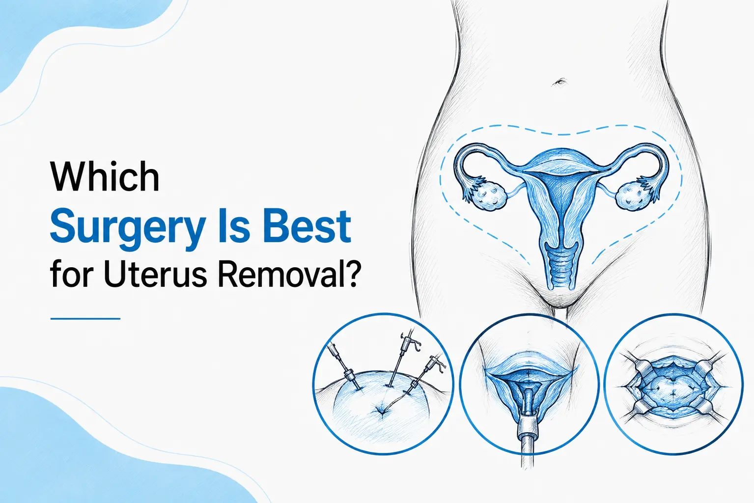 Sketch illustration showing different uterus removal surgery approaches including laparoscopic, vaginal and open hysterectomyMedical illustration explaining different hysterectomy techniques.
